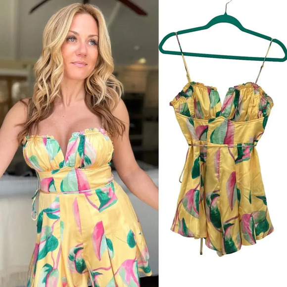 Monanella Radiance‎ Romper Yellow Satin Green Pink Printed Size Small - Picture 1 of 13